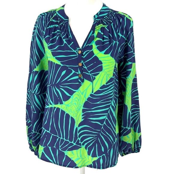 Lilly Pulitzer Silk Blouse XXS "Under the Palm Leaf" Print Long Sleeve Top EUC - Picture 1 of 11